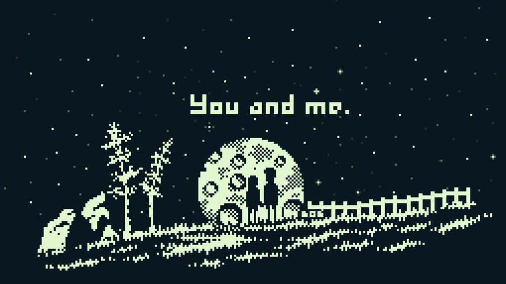 1bit pixel art - two persons standing in front of the moon. Grass in front of the picture and some trees and rocks on the left. Small fence on the right. Shining stars in the dark background sky. 