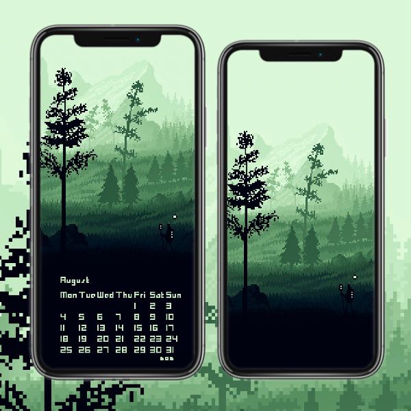 Foggy pixel art landscape as a wallpaper for phones (including an August 2025 calendar and another version without it). Front: grass, a tree on the left side. A Silhouette of a guy (right side). Middle: grass and more trees. Background: huge mountains. The whole landscape is created in green colors. 