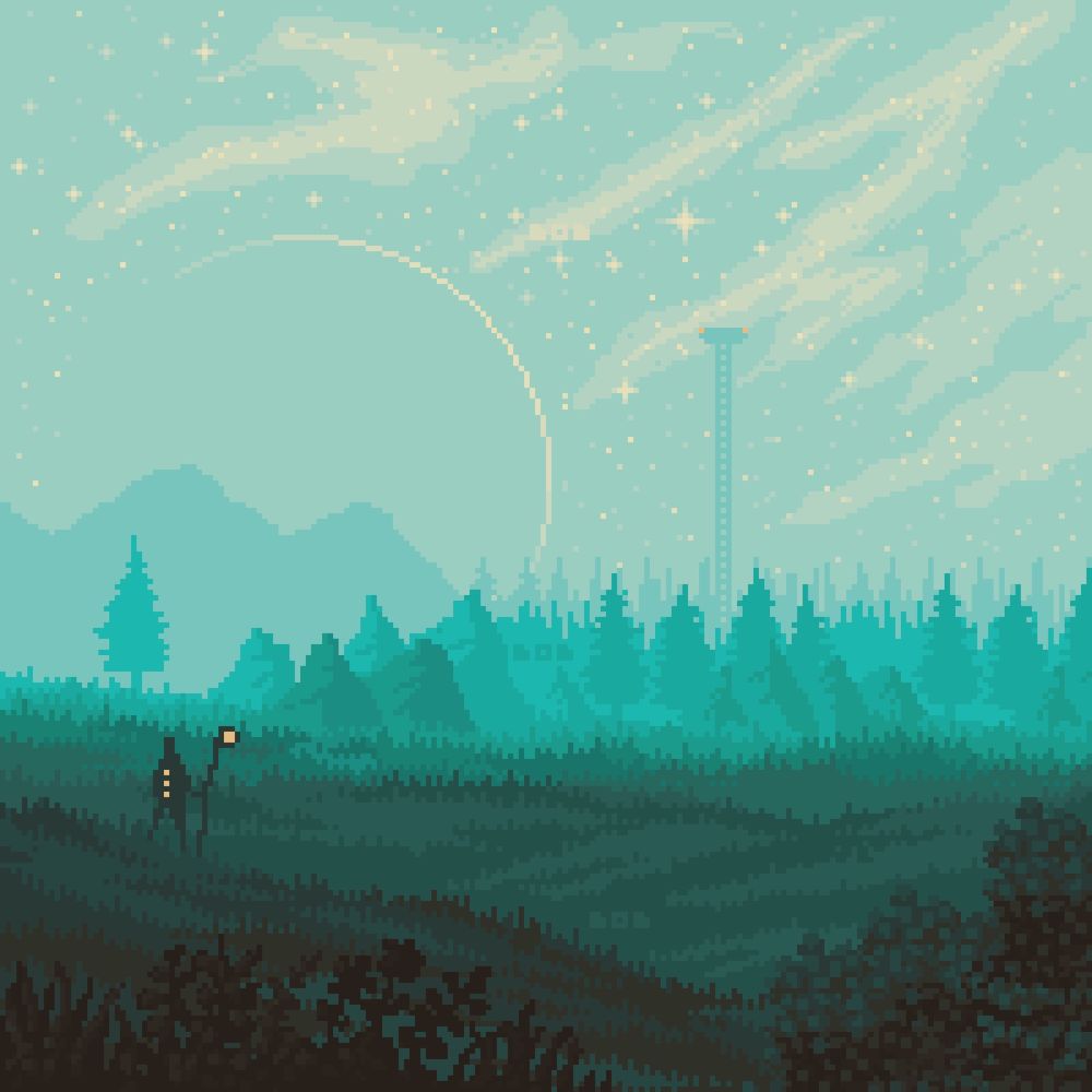Pixel art landscape - in green tones & a peaceful sky full of shining stars. 