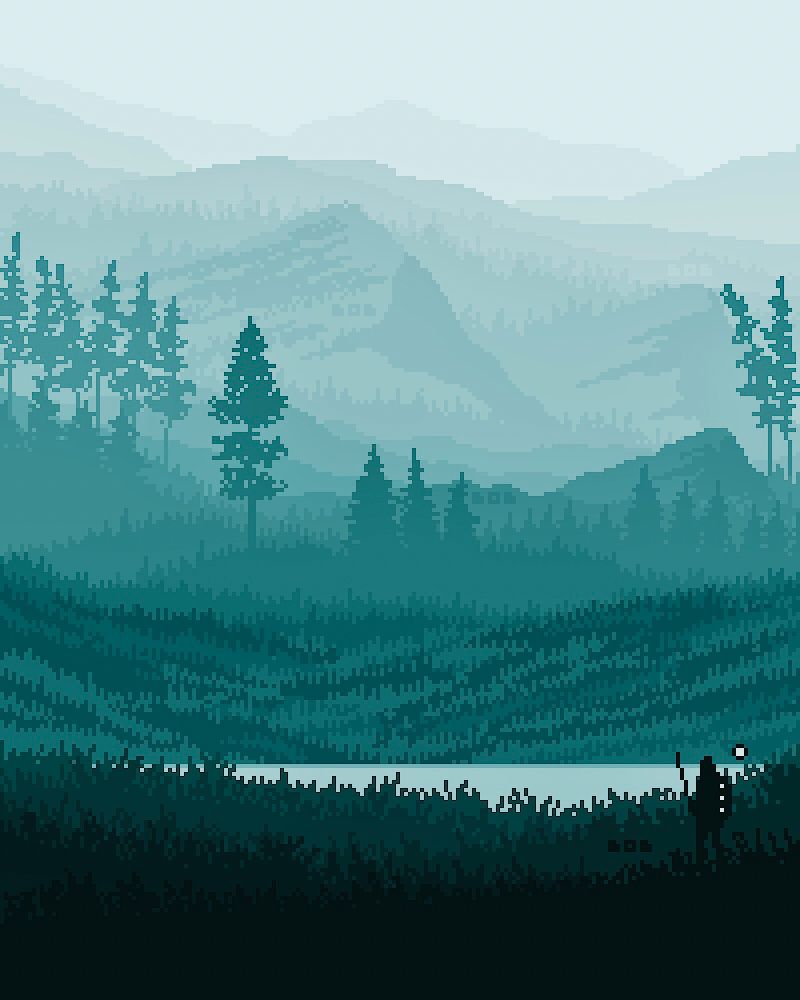 Pixel art landscape - front: guy with some lights on the right side of the picture, standing in high dark grass. Middle: lake and a lot of grass. Some trees in the middle. Huge mountains in the foggy background. 
