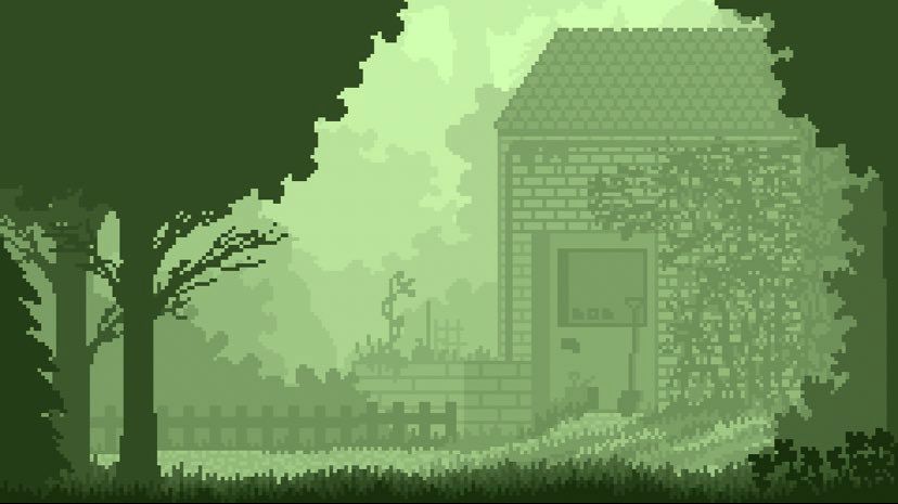 A small house (right) and some bigger trees the front (right and left). Pixel art in different green tones. 