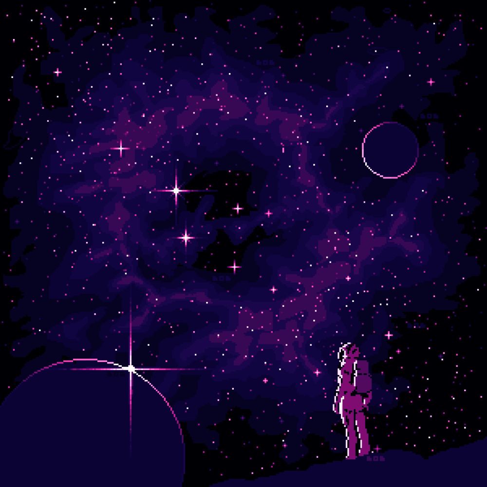 Pixel art space - front, right side: astronaut & left side big planet with shining star. Right side on top of the astronaut another smaller planet. Background: dark sky full of shining stars in purple and pink colors. 