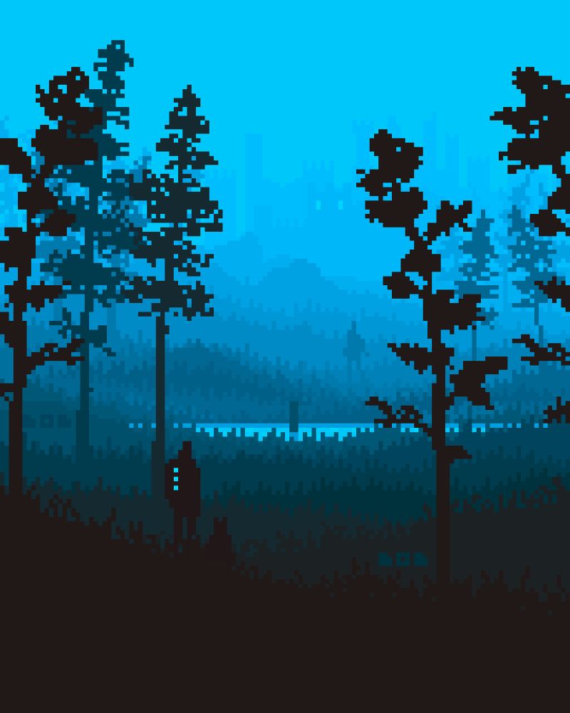 foggy pixel art landscape in blue tones - front: the visitor and his dog (left side) and some hog trees. A lot of grass surrounding them. Middle: small lake and another silhouette of a guy + Some hills and more trees. Background: silhouette of an old castle and a blue foggy sky. 