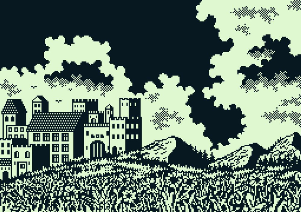 1bit pixel art landscape - Grassamen flowers in the front, some mountains and a castle (left side) in the middle and clouds stars and a dark sky in the background.