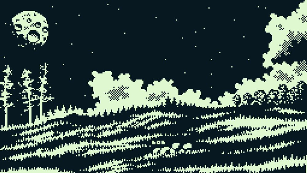 1bit pixel art landscape - grass in the front, some mountains and Tess in the middle and clouds, stars and the moon in the dark background.