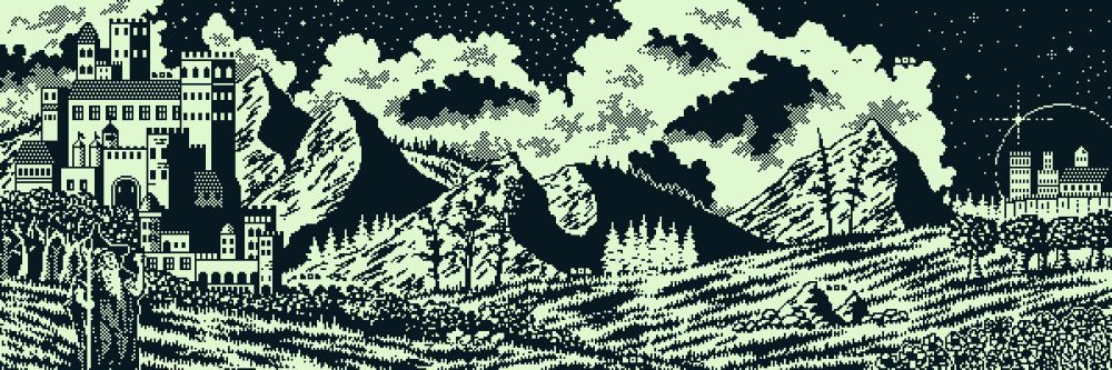 1bit pixel art landscape - grass (and a wizard (left side)) in the front, some mountains and castles (left and right side) in the middle and clouds & stars in the dark background.