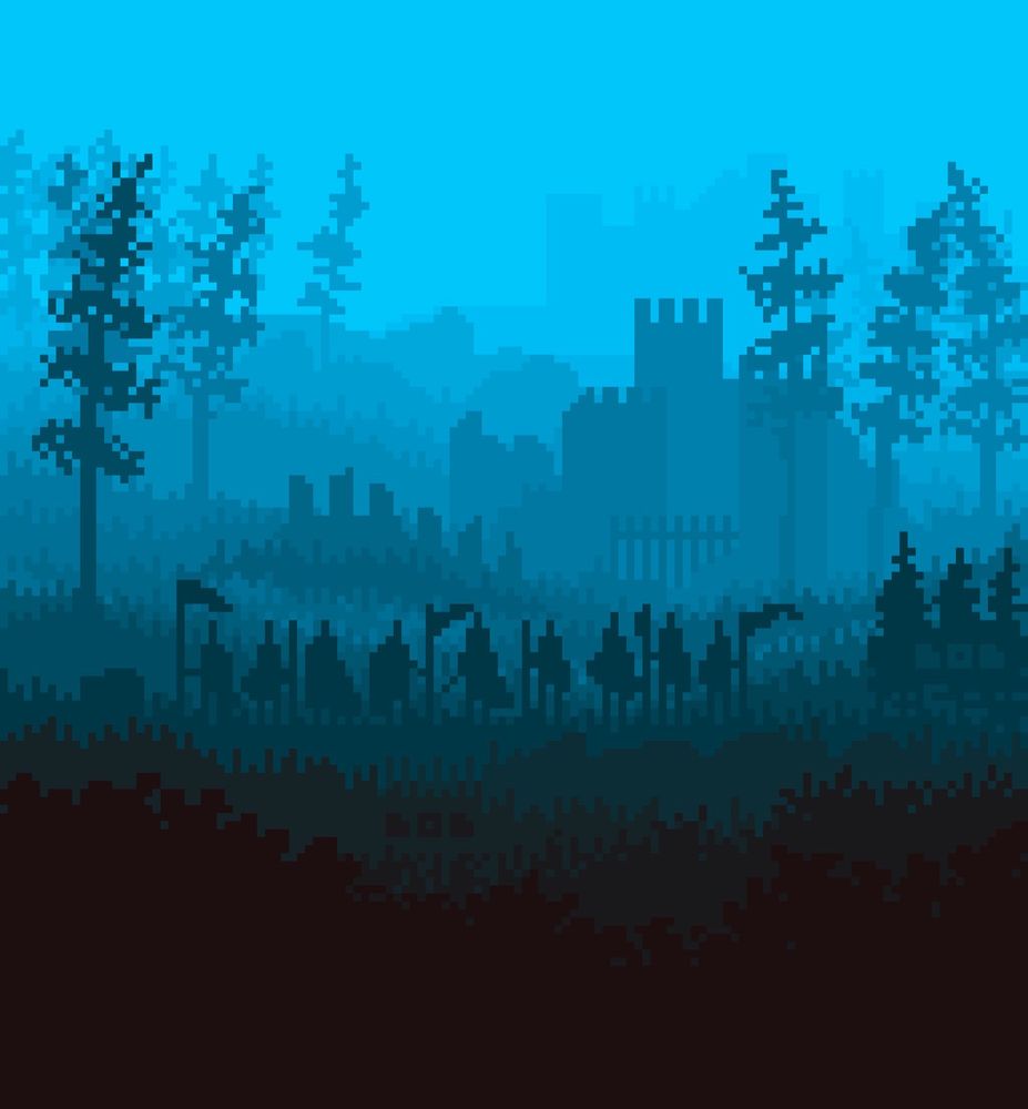 Pixel art landscape - in blue tones. Knights in front of ruins. 