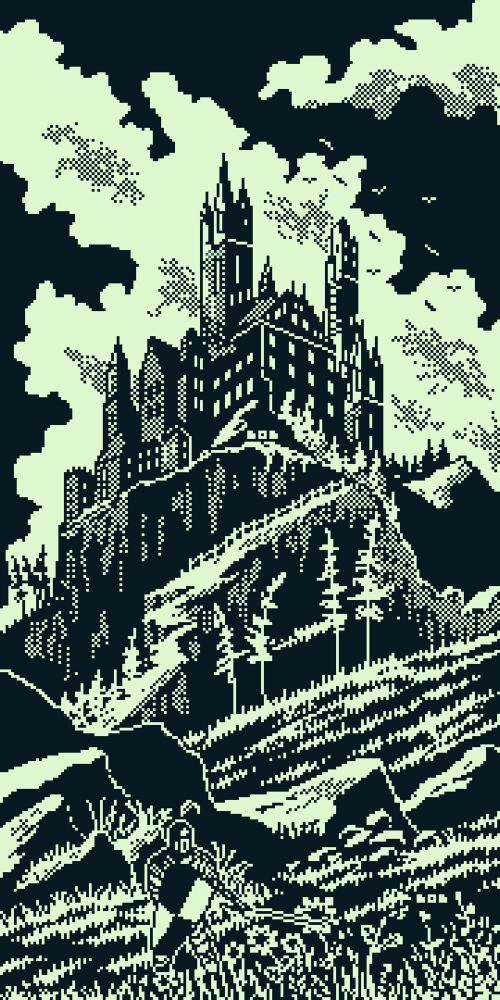 1bit pixel art landscape + castle. Front: knight standing inside of the grass and flowers. Middle: some mountains, grass, trees. Middle on top: huge castle on a big mountain. Background: huge clouds, some ravens in front of a dark sky. 