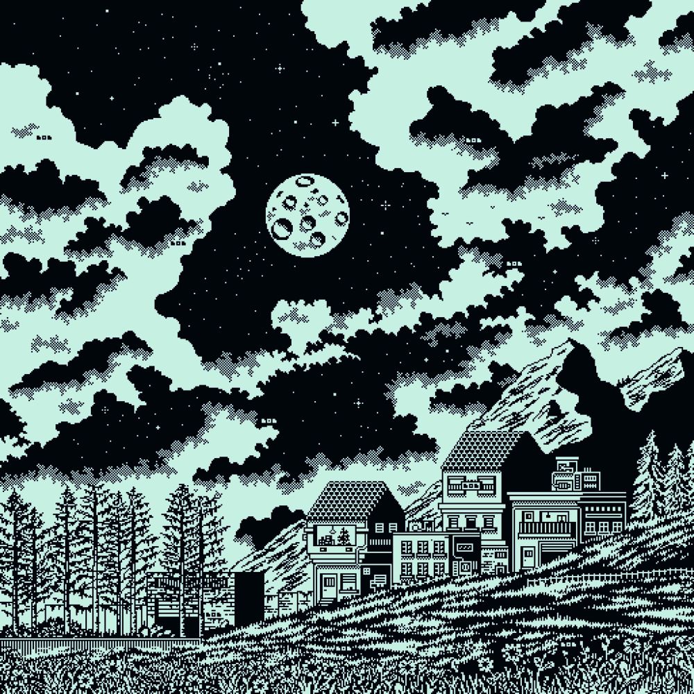 Huge 1bit pixel art - in front: flowers and a lot of grass. Middle: houses on the right side and huge pine trees on the left. Background: mountains (right) and huge clouds in front of a dark sky full of stars and the moon in the middle. 