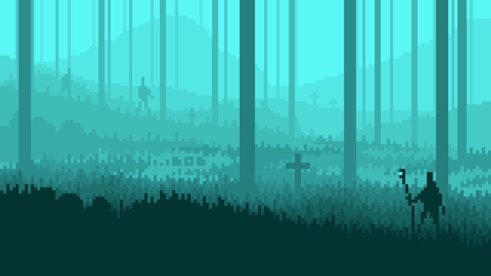 Guy (right side in front) looking to some spooky creatures in  the deeper foggy forest. 