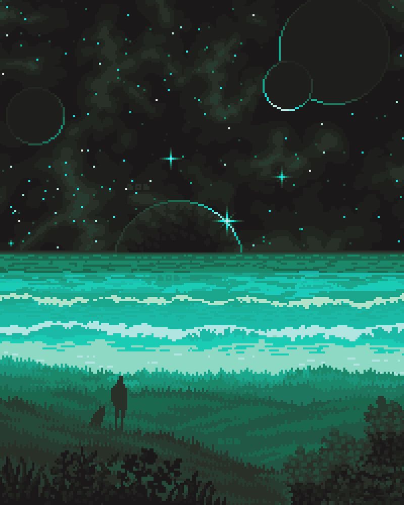 Pixel art landscape - front: plants, flowers, a lot of grass and a guy with his dog (left in the middle). Middle: Waves of the ocean. Background: Dark sky full of shining stars and some planets.