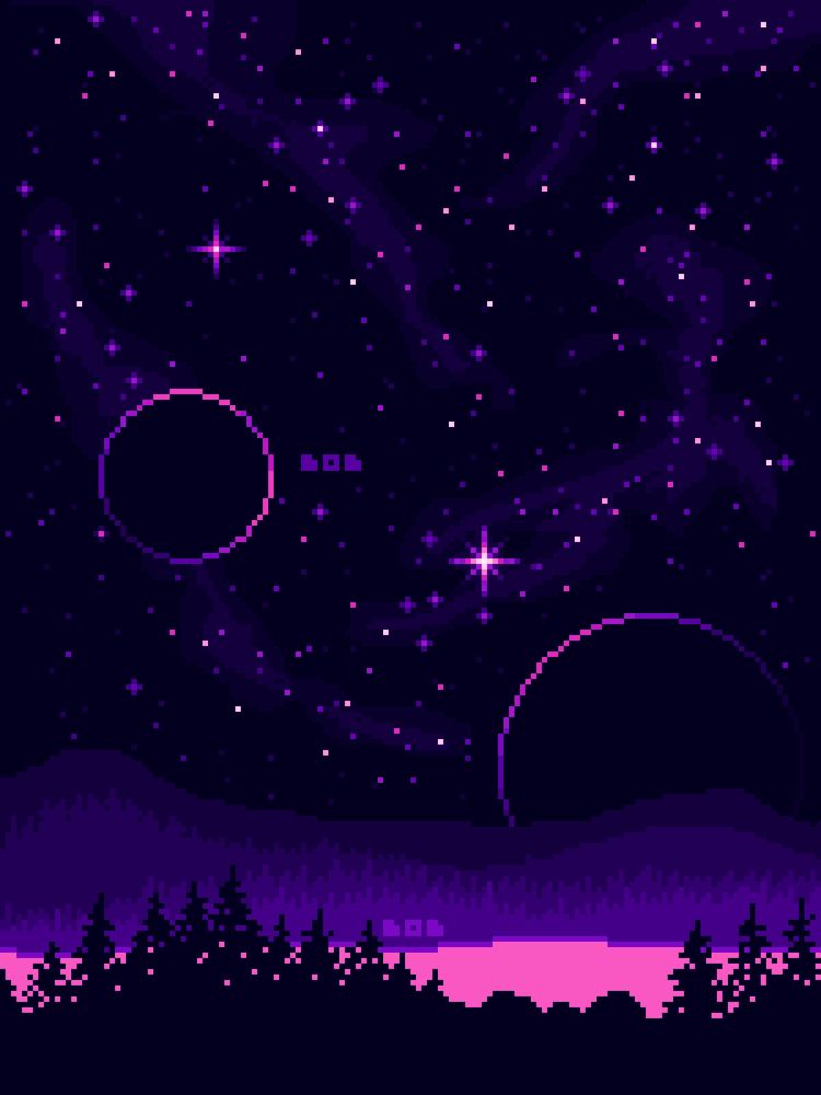 Pixel art landscape (+ outer space) - front: trees and rocks. Middle: lake, trees and some mountains. Background: planets and stars in front of a dark sky. Purple and pink tones. 