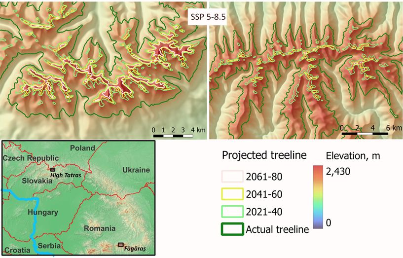 Actual and projected climatic treeline positions. Left: North-Western Carpathians (High Tatras); right: Southern Carpathians (Făgăraș)