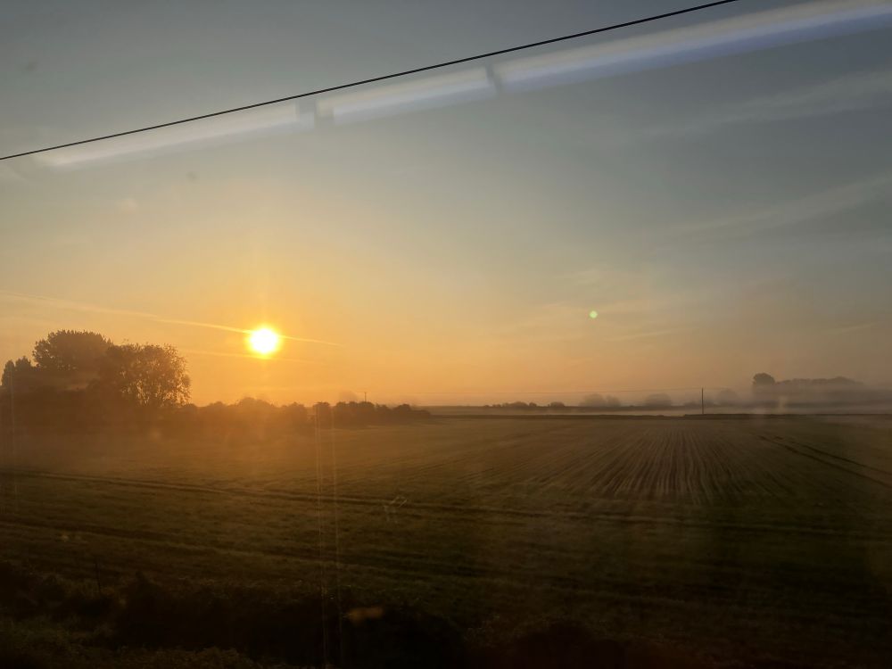 Photo from the train of sunrise over misty fields. 