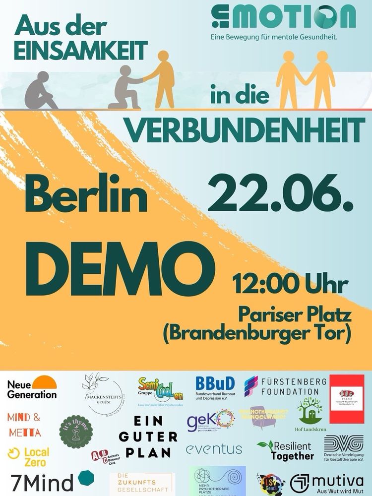 Aus der Einsamkeit in die Verbundenheit
Berlin 22.06. Demo 12:00 Uhr Pariser Platz (Brandenburger Tor)