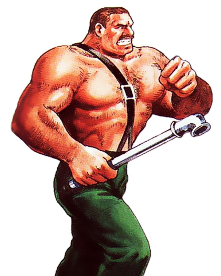 Mayor Mike Haggar from Final Fight. Extremely muscular man with a mustache, shirtless but wearing suspenders. He's carrying a steel pipe to bludgeon someone with.