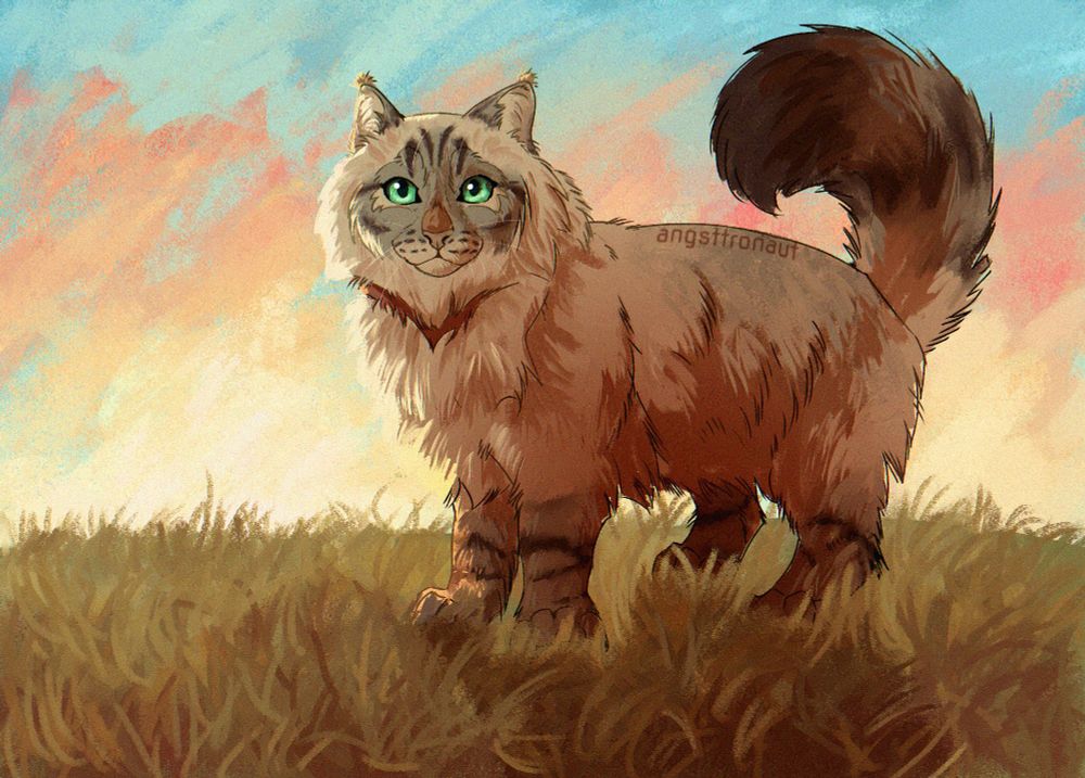 A painting of the character Frostdawn from Warrior Cats standing in front of morning clouds.