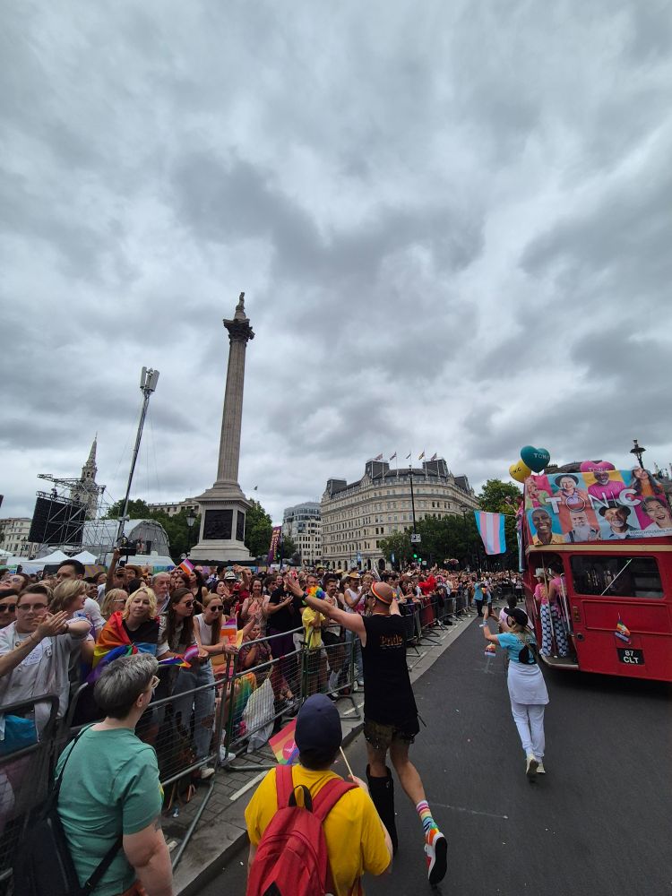 The parade reaches Trafalgar Square, wide view