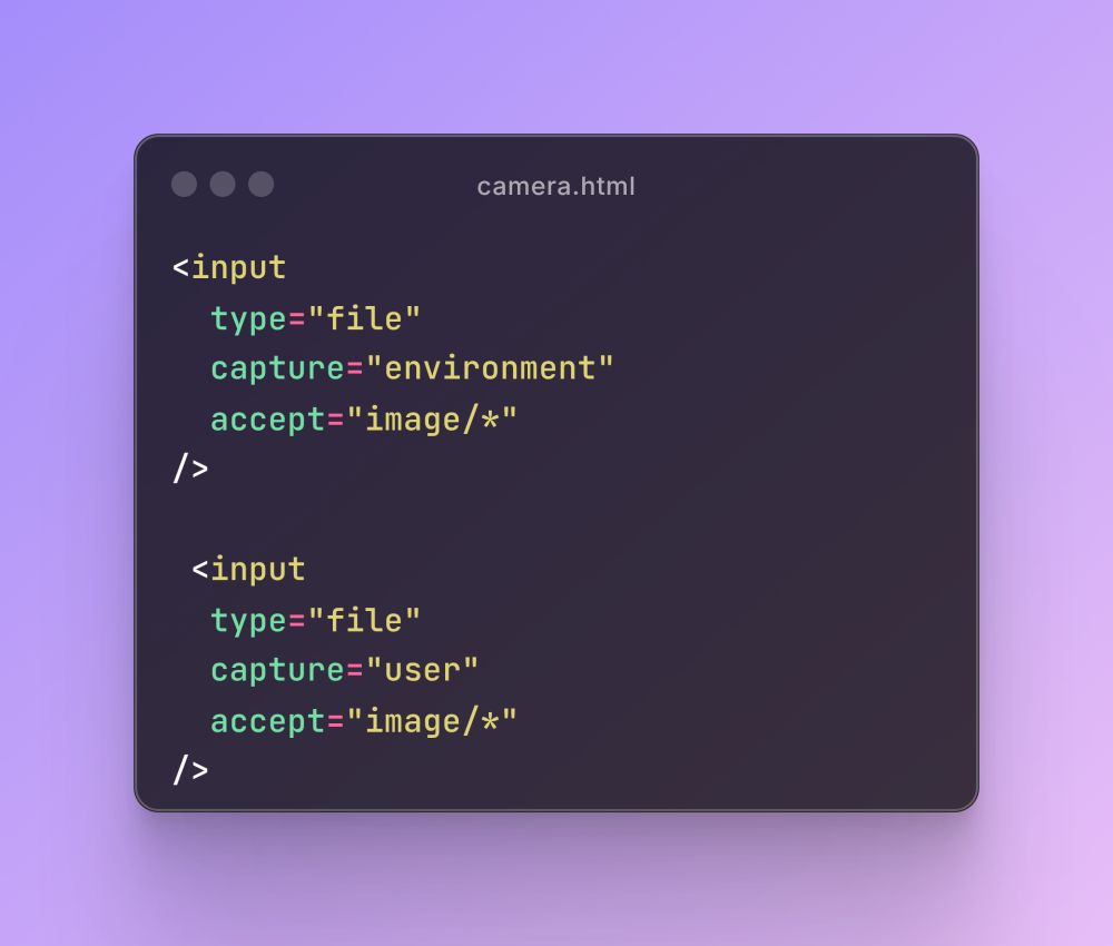 <input
type="file"
capture="environment"
accept="image/ *"
/>

<input
type="file"
capture="user"
accept="image/*"
/>