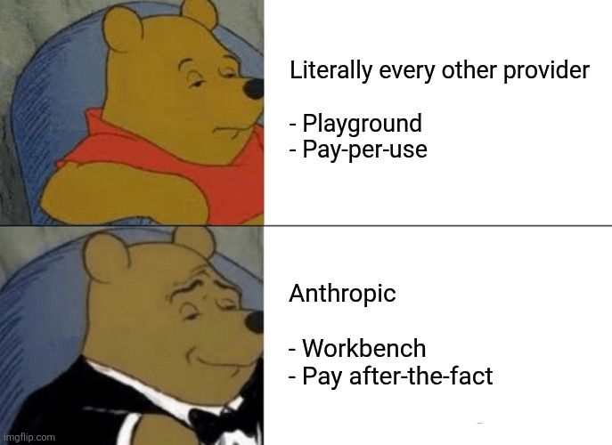Literally every other provider
- Playground
- Pay-per-use

Anthropic
- Workbench
- Pay after-the-fact