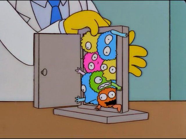 “Three Stooges syndrome” still from the Simpsons showing a doctor trying unsuccessfully to push plushy diseases through a door 