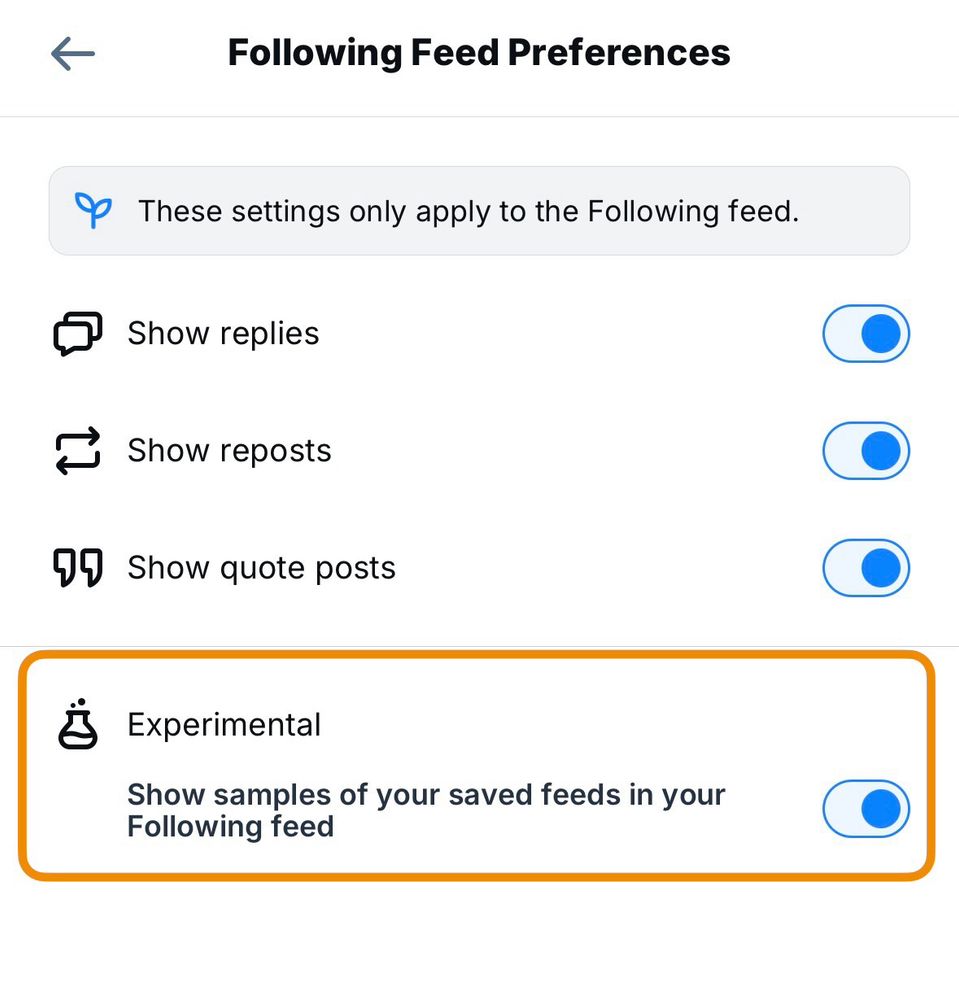 A screenshot of the Content and Media settings page with “Show samples of your saved feeds in your Following feed” enabled and highlighted 