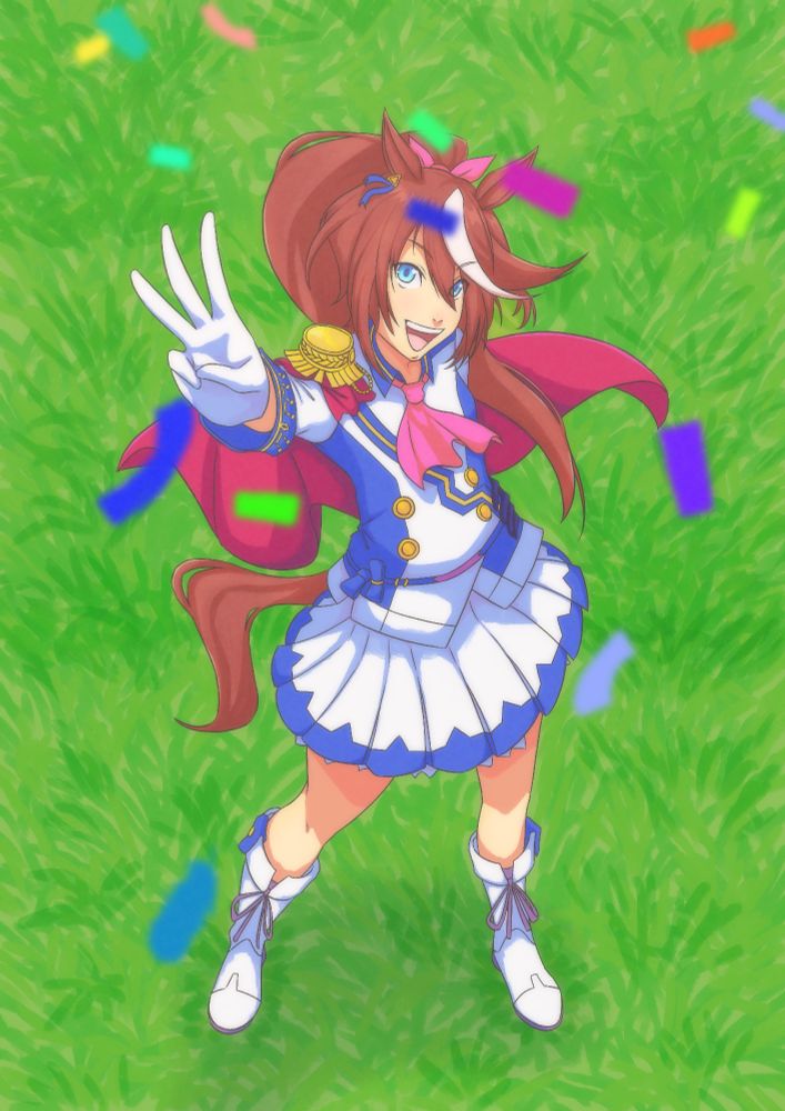 Tokai Teio from Umamusume Pretty Derby, she stands on a turf track, posing with her hand up showing three of her fingers, indicating she would win, or already earned, the Triple Crown