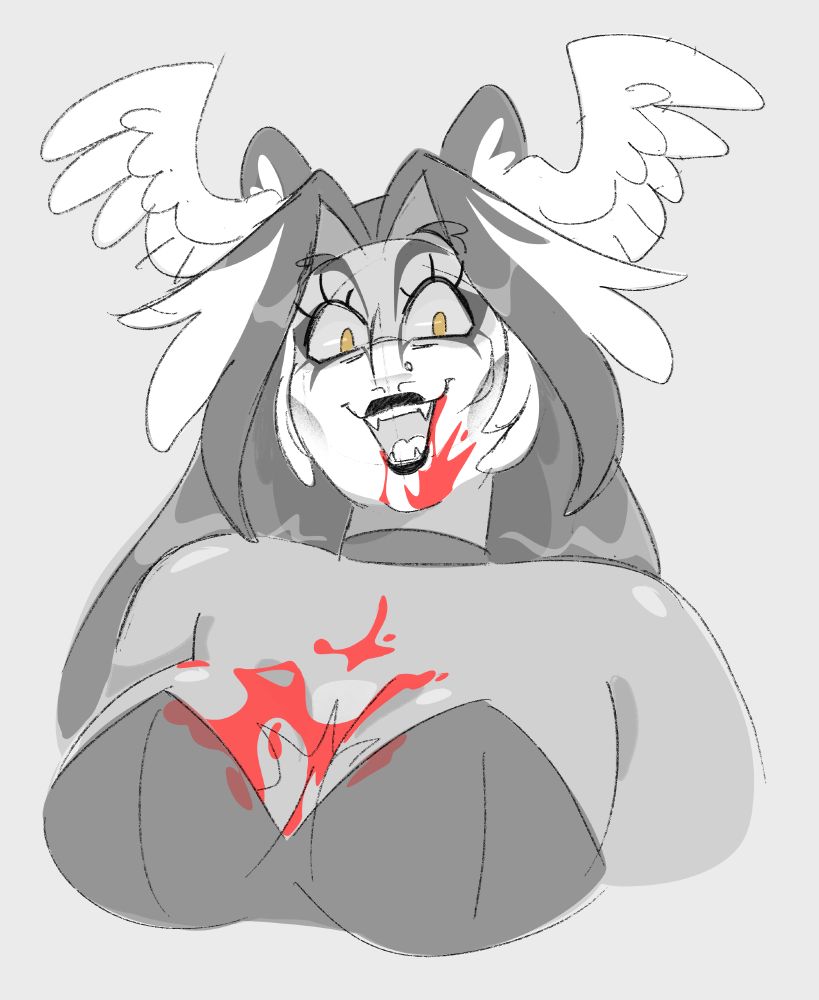 A greyscale illustration of a character smiling with an unsettlingly wide stare at the camera. She has black and white hair, small cat ears, and white wings on top of her head. Red blood splatters over her bare chest and mouth.