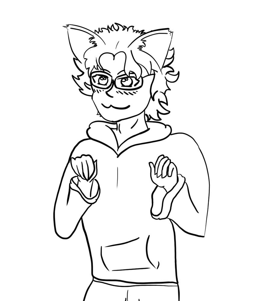 A very sloppy and messy drawing of a catboy in a hoodie and glasses.
