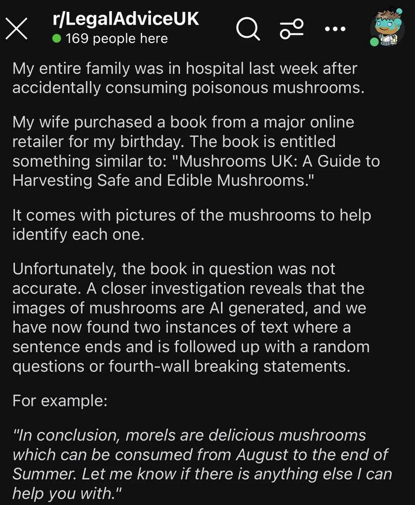 Reddit post about an AI-made foraging book that misidentified poisonous mushrooms. 