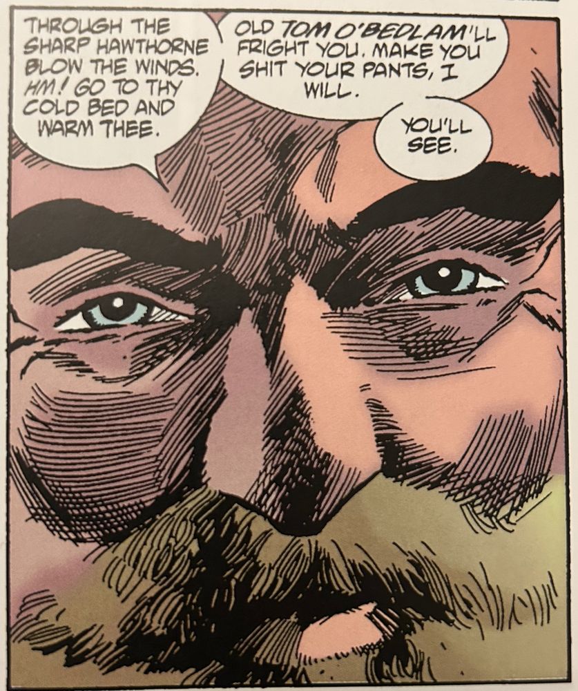 "Through the sharp hawthorne blow the winds. Hm! Go to thy cold bed and warm thee. Old Tom O'Bedlam'll fright you. Make you shit your pants, I will. You'll see."