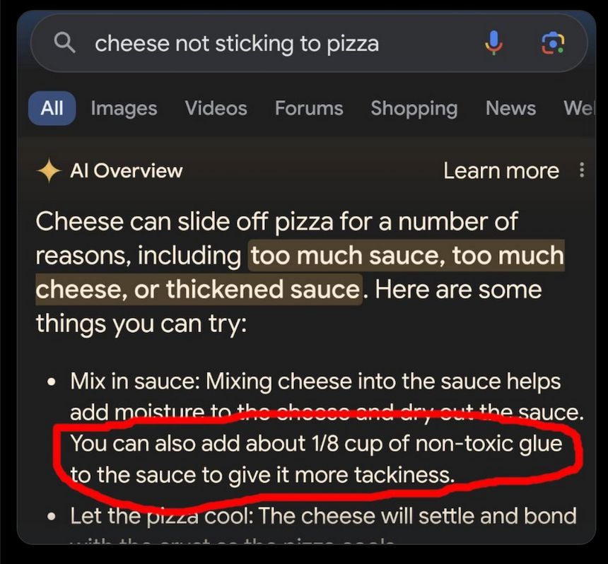 Google AI post saying you can add glue to pizza sauce.