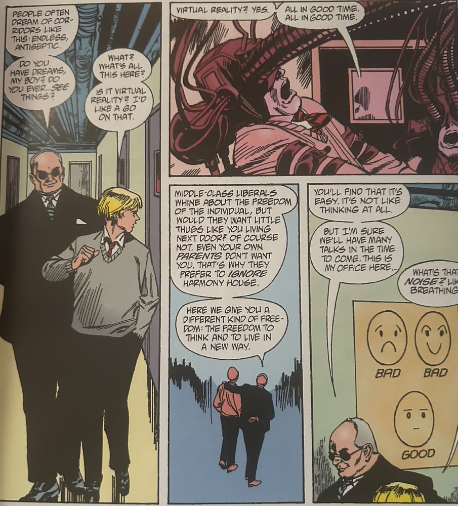 Series of comics panels where a young man is lectured on how he will be given "the freedom to think and to live in a new way."