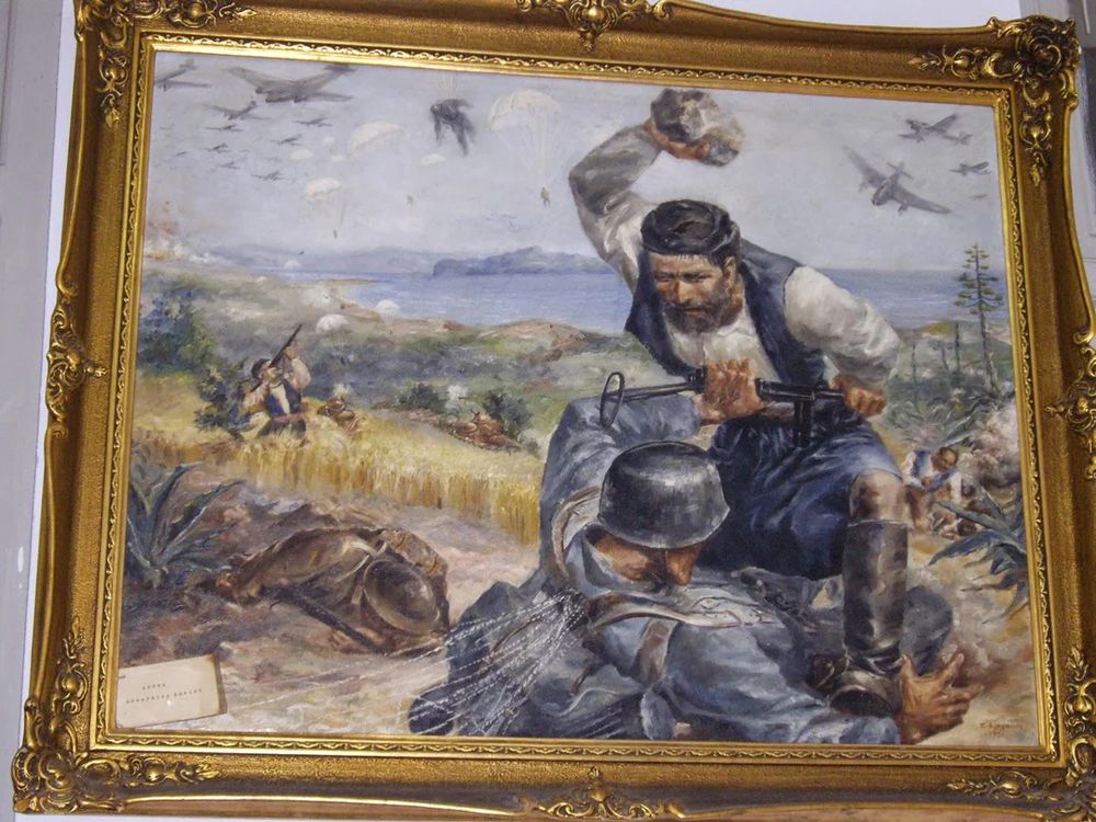 Painting of a Cretan villager bashing a Nazi paratrooper with a big rock. 
