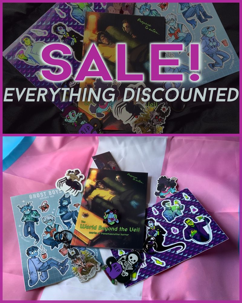 Photo of the World Beyond the Veil transmasc zine bundle with overlaid text: "Sale! Everything discounted." Underneath is another photo of the same bundle, but on a trans pride flag and without the text overlay blocking the view.