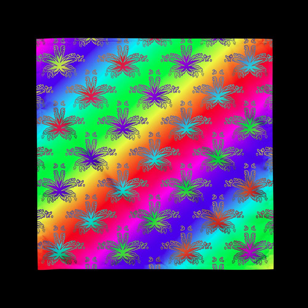 A bandana with some psychedelic neon rainbow cannabis leaf art.