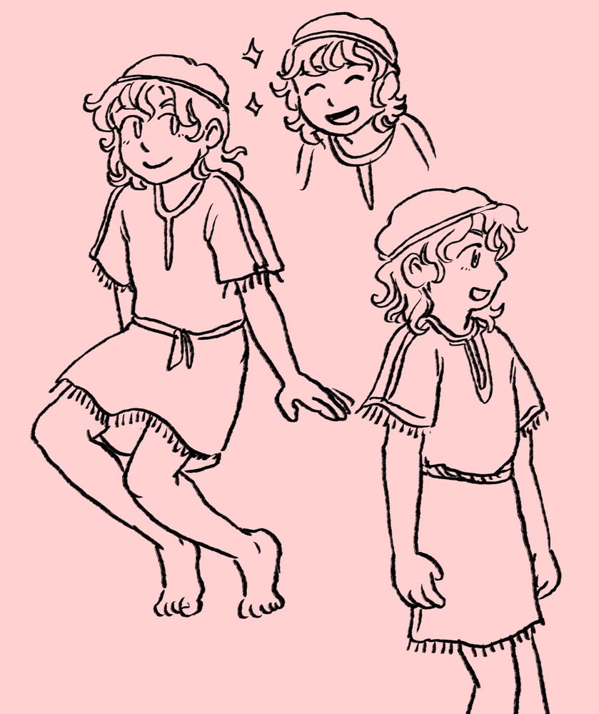 Line art of troilus sitting, looking coy, smiling, etc