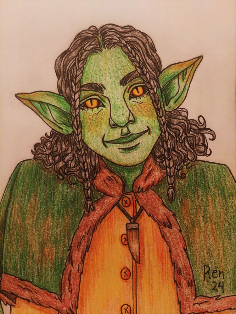 A colored pencil portrait of a goblin with green skin and cute clothing.