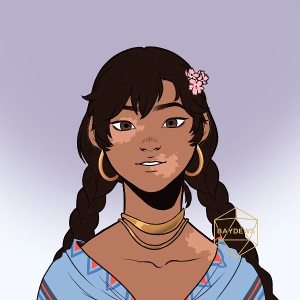 A picrew of a 20-something woman with vitiligo. She has brown skin with patches of lighter skin color on her face and body, and her long hair is tied in a twin braid and decorated with small flowers.