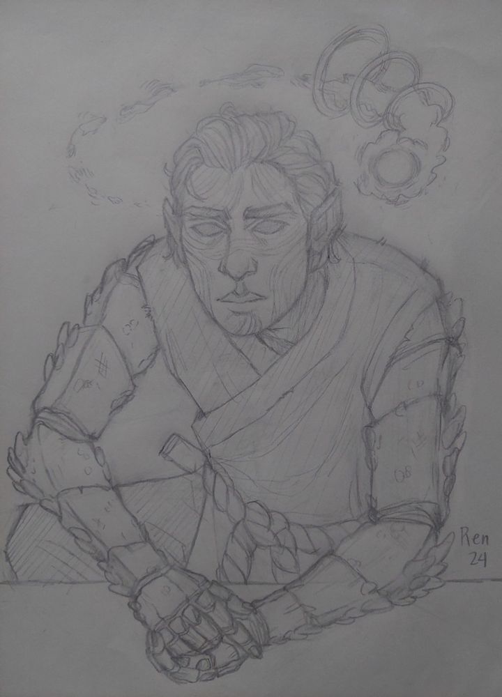 A half body sketch of a nonbinary person crouched down and arms folded in front of a surface. They have short hair, a marbled pattern on their skin, and spiky carapace completely covering their arms. A mysterious comet-like light circles their head. 