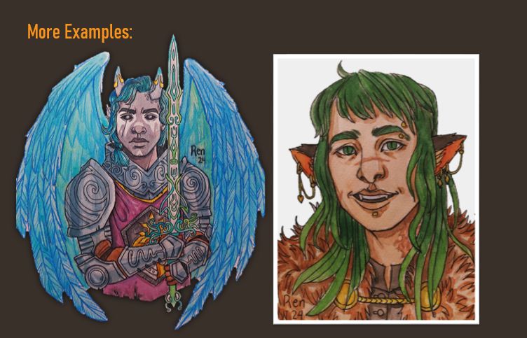 Two examples of art: A winged aasimar and a green-haired shifter.