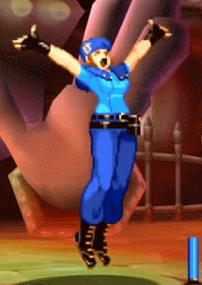 a woman in a blue uniform is jumping in the air in a video game