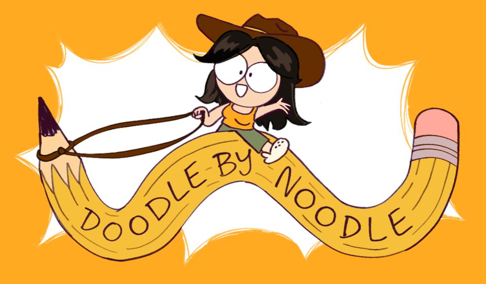 Chibi version of the artist Natasha wearing a cowboy hat and riding a bucking pencil like a wild stallion. The pencil says the artist’s username “Doodle By Noodle” on it.