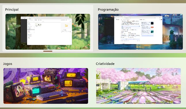 Montagem mostra quatro espaços de trabalho do Windows com os títulos "Principal", "Programação", "Jogos" e "Criatividade", cada um com diferentes papéis de parede.