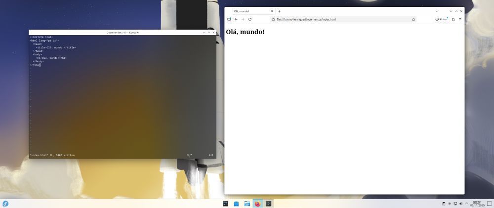 Terminal aberto com o programa Vi editando o arquivo "index.html"; Firefox aberto ao lado no KDE Plasma (Fedora 43)