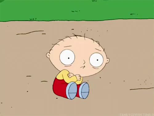 a cartoon character named stewie from the family guy is sitting on the ground .