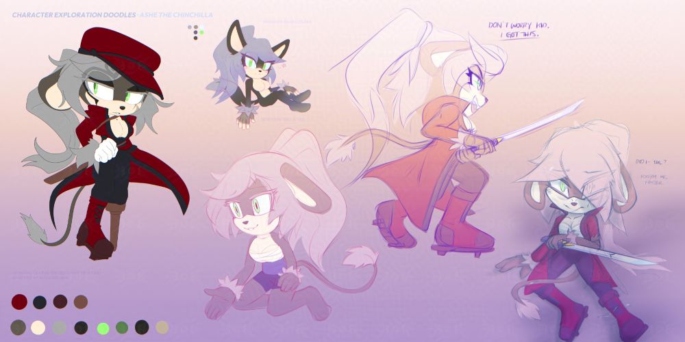 Doodle Page — Character: Ashe.
Multiple doodles explore her poses and expressions. She is depicted in tranquil introspection, a heroic stance, and as wounded and fearful. There is also an extra full-body sketch with slight modifications to her design, including tweaked colors and a modified tail shape.