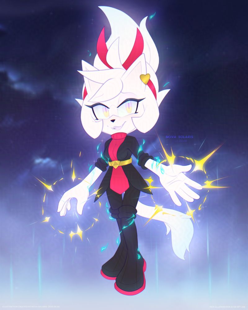 My sincere apologies for my inexcusable delay.
I was so unsure about whether she looked nice that I experienced an art block for a long time. I was finally able to get back to it after experimenting a bit during this year's Art Fight event.

Here is Aries in her super form, peacefully floating in the night sky with a more relaxed expression and attitude than in her original reference. I added my own interpretation of her energy powers, focusing on light energy, with additional touches of color coming out of her hands and around her body.

I know her irises aren't visible, but I added my own touch with some light colors to show how she's looking at the viewer.