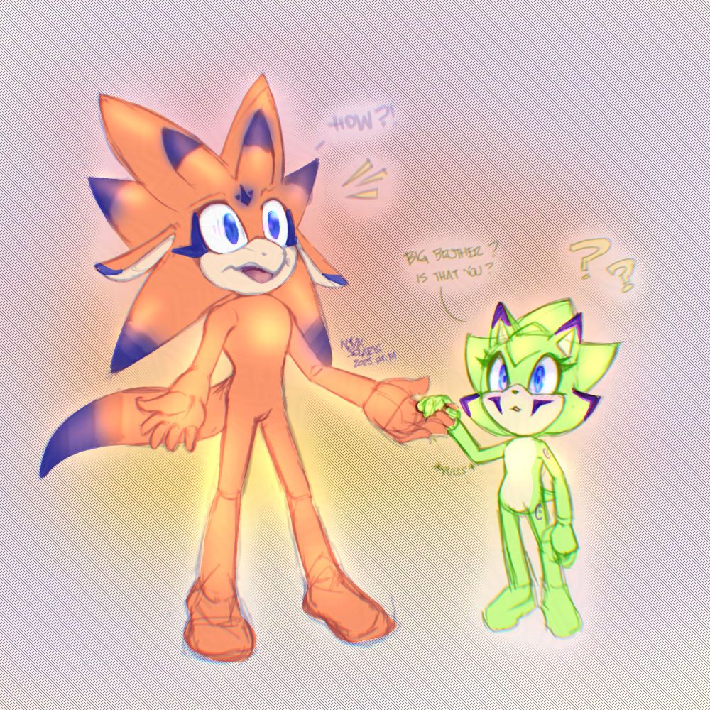 Sketch - Species Swap

A little scene where Sirius has recently turned into a dragon, just like his sister, and Kurilai has transformed into a little hedgehog girl.

Sirius is shocked, not knowing what just happened, and asks "How?!". Kurilai gently holds his left hand, pulling it down slightly, while she thinks to herself, "Big brother? Is that you?"
