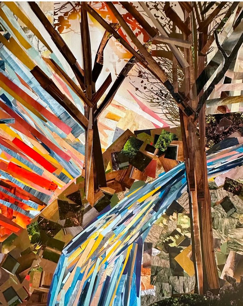 collage art of a blue stream running through trees with a sunset sky 